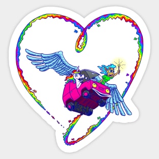 Unicorn and Fairy in a magical flying van Sticker